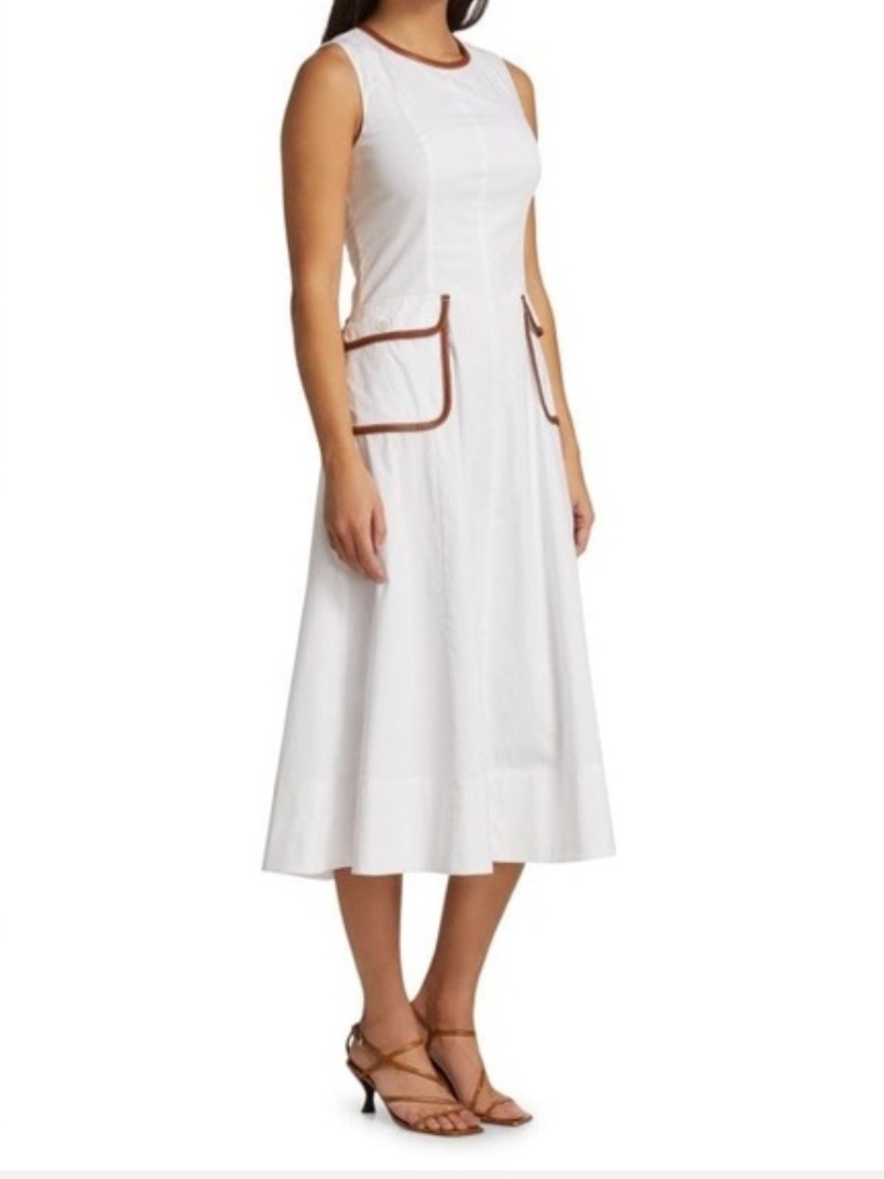 Staud Bait Midi Pocket Dress With Faux Leather Trim, Sz 8